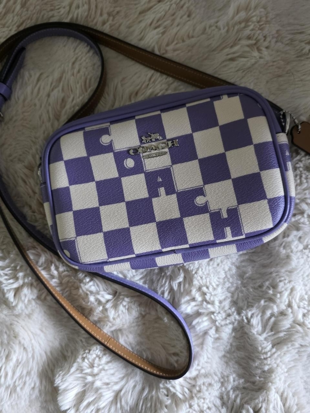 Coach Jamie Camera Lilac & White Checker Crossbody Bag